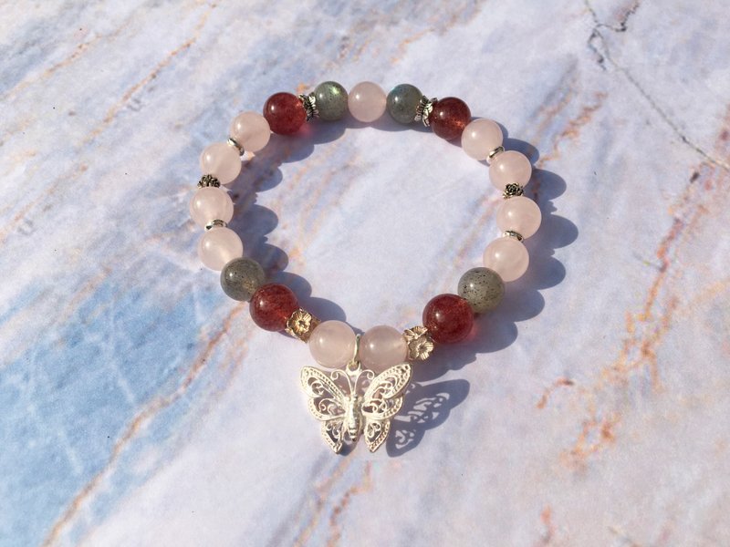 (Exclusive Custom) Pink Crystal Strawberry Labradorite Sterling Silver Bracelet - สร้อยข้อมือ - คริสตัล 