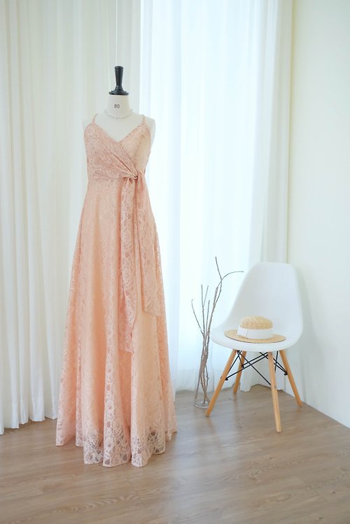 KEERATIKA Pink Beige Lace maxi party dress Pink bridesmaid dress Cocktail prom dress