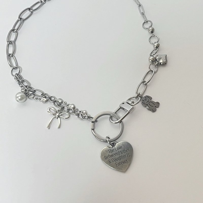 Chain Necklace Heart Necklace Heart Tag Necklace Necklace Silver Silver Necklace Charm Dog Ribbon Pearl - Necklaces - Other Materials 