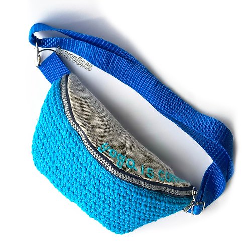 KatitoBags 腰包 钩编腰包 刺绣腰包 Blue fanny pack with embroidery Crochet belt bag Zipper waist bag