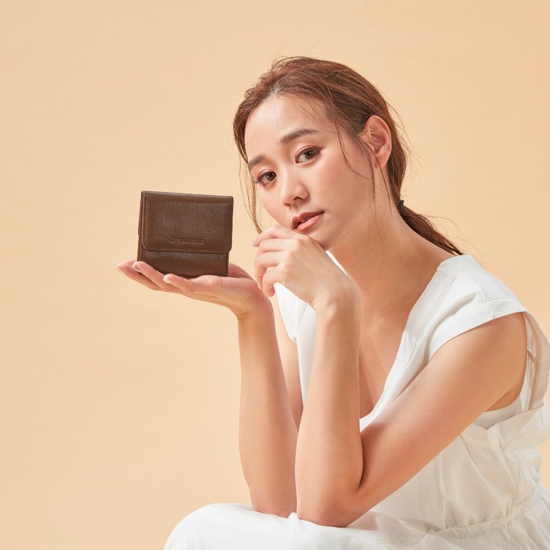 【バレンタインギフト/24H発送】レディース財布/三つ折りダブルボタンショートウォレット ミニ財布 植物タンニン鞣し革 - 財布 - 革 ブラウン