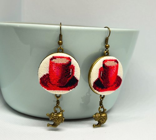 TomasCross 咖啡杯刺繡耳環紅杯十字繡首飾配茶壺吊飾手工製作的禮物送給她