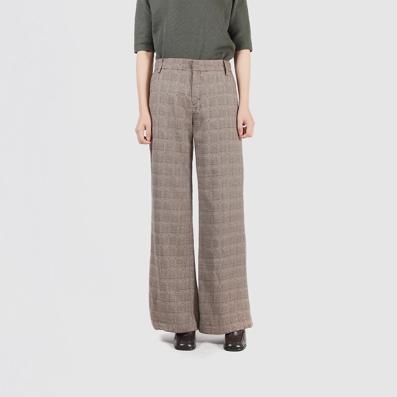 [Egg plant ancient] Zhaoya grid woolen vintage wide pants - Women's Pants - Wool Brown