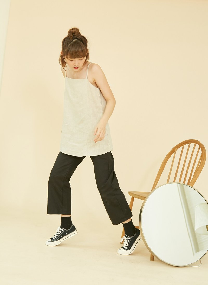 Two-way Linen Spaghetti Strap Top In Natural Color - 背心/無袖上衣 - 亞麻 卡其色