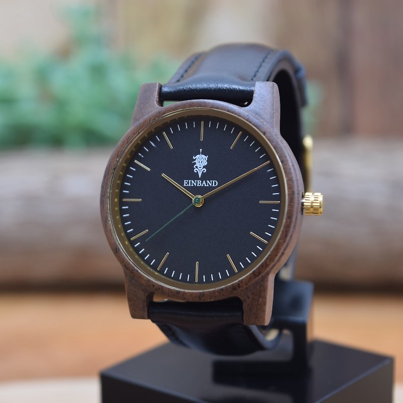 EINBAND Glanz BLACK 36mm Wooden Watch Black Leather Belt - นาฬิกาผู้ชาย - ไม้ สีนำ้ตาล