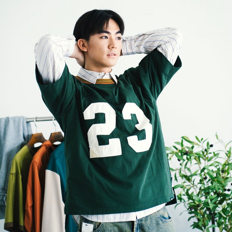 【復古校園】數字拼布Tee - 深綠色//黑色 (TP1658) - 男 T 恤 - 棉．麻 綠色