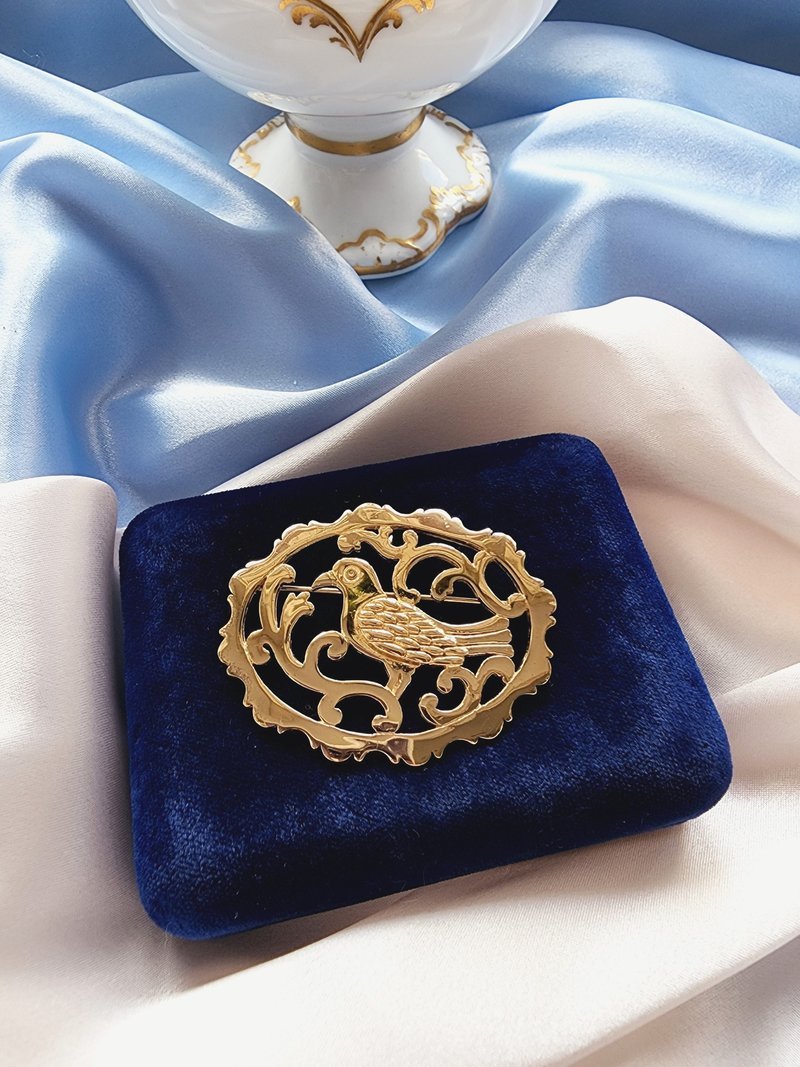 美國西洋古董飾品 / STERLING純銀鎏金藤蔓金鳥圖胸針/墜飾兩用 - 胸針 - 純銀 
