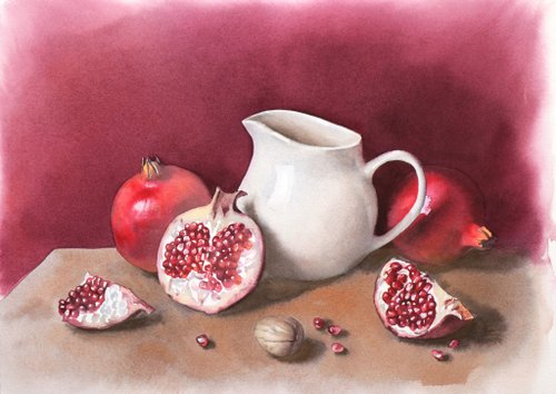 WallArtHome Still life with garnets original watercolor painting by artist Irina Zhunaeva