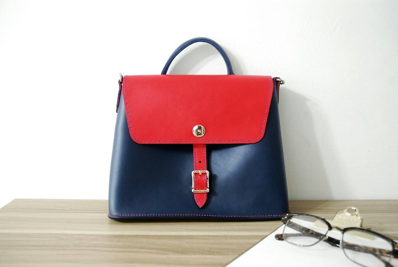 chin 10-inch dorsal / hand-stitched leather handbag (red and blue) - กระเป๋าแมสเซนเจอร์ - หนังแท้ สีแดง