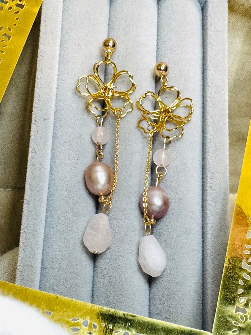 Gold Flower Pearl & Rose Quartz Earrings - Earrings & Clip-ons - Crystal Pink