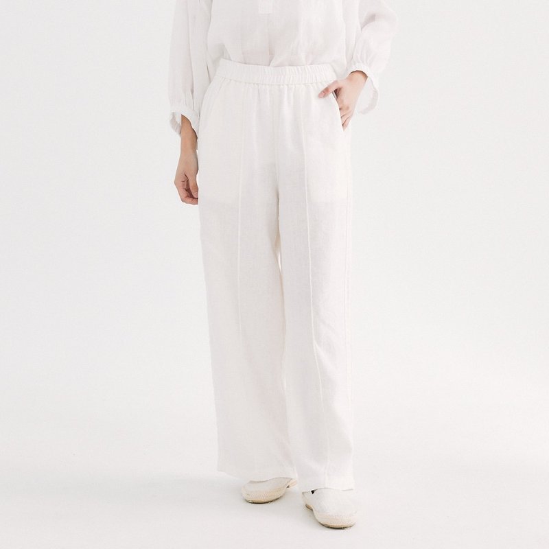 【Simply Yours】Line Straight Wide Pants White F - กางเกงขายาว - ผ้าฝ้าย/ผ้าลินิน ขาว