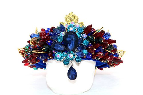 Designer beaded jewelry by Mariya Klishina Blue crystals crown Beaded handmade tiara Multicolor royal diadem Bridal crown