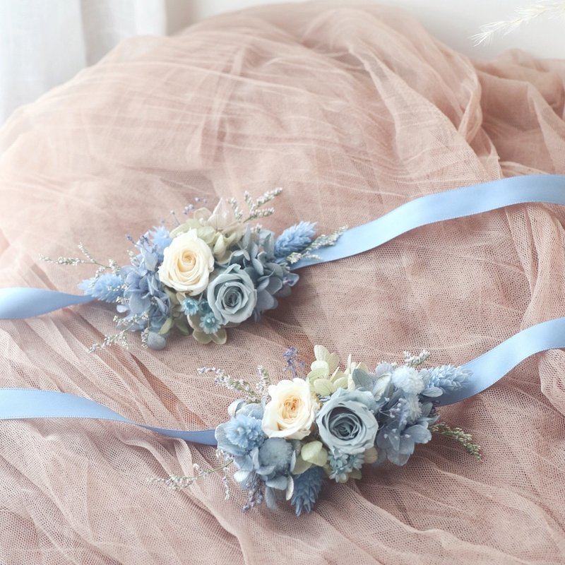 Wedding Immortal Rose Wrist Flower - Blue White - Dried Flowers & Bouquets - Plants & Flowers 