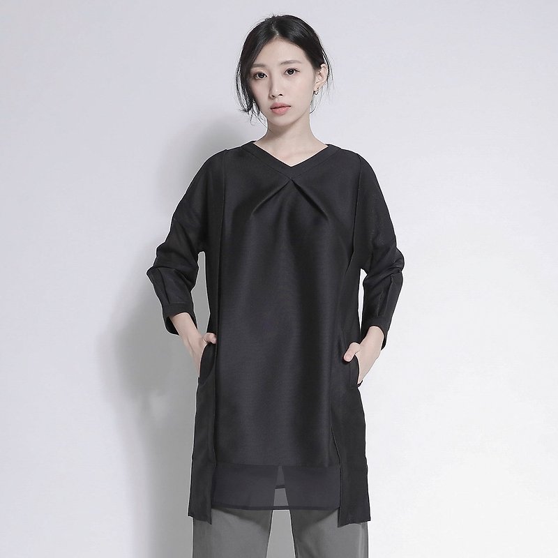 Muse Cutout Top with Different Materials _7AF102_ Black - Women's Tops - Cotton & Hemp Black