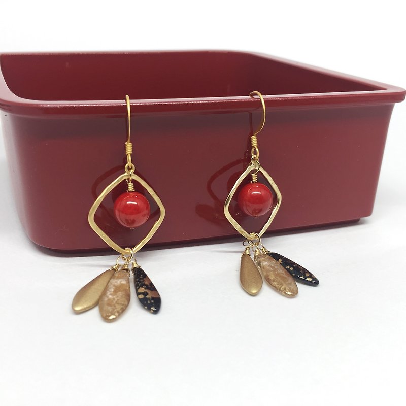 Vermilion and gold dots earrings - Earrings & Clip-ons - Other Materials 