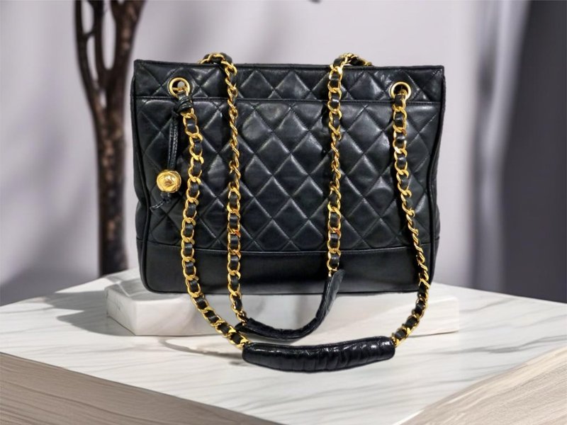 【LA LUNE】Second-hand Chanel black leather chain shoulder tote bag side shoulder bag - Messenger Bags & Sling Bags - Genuine Leather Black