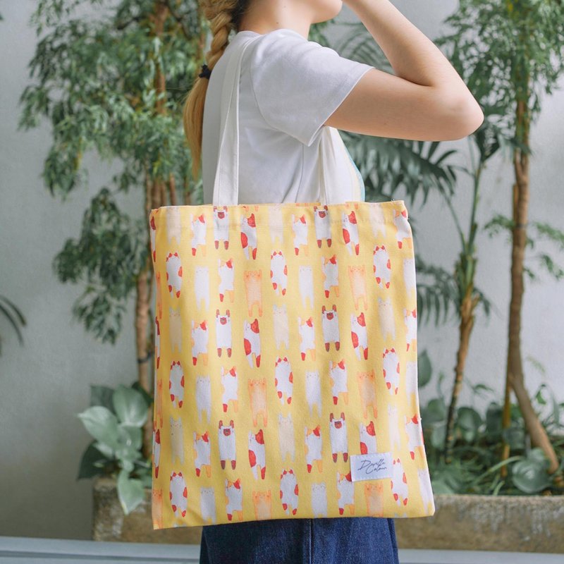 【Yellow Long Cat】Funny Cute Cat Watercolour Illustration Tote Bag - กระเป๋าถือ - ผ้าฝ้าย/ผ้าลินิน สีเหลือง