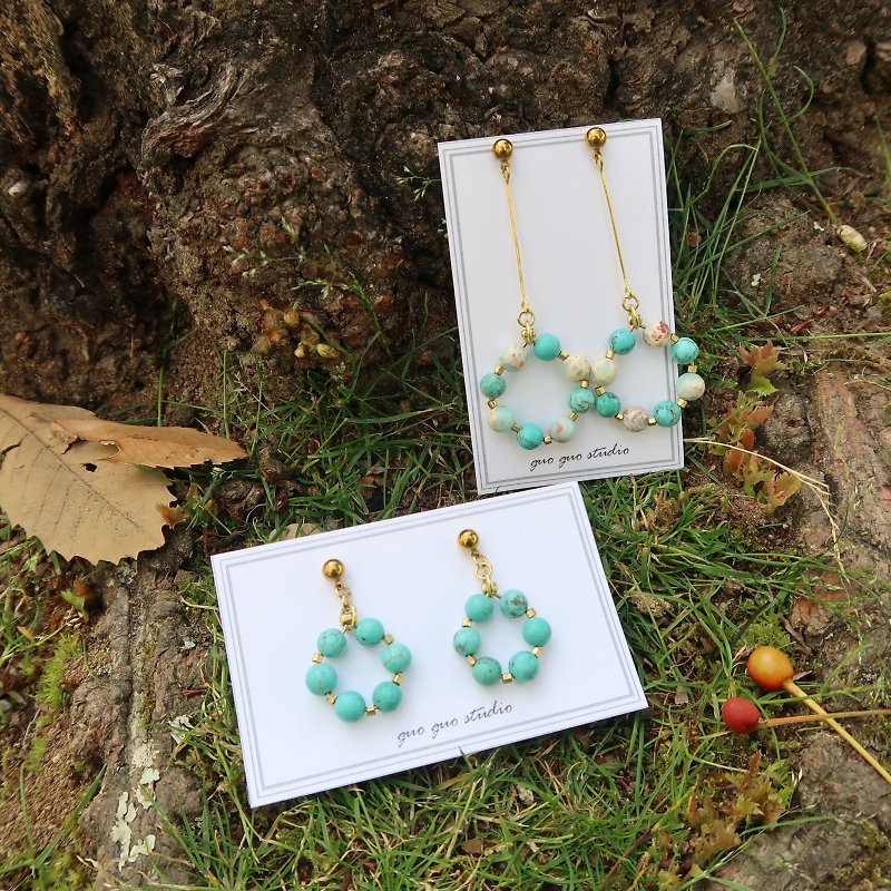 Summer Picnic Bodhi Series - Turquoise Shoushan Stone Circle Brass Earrings Ear Clips - Earrings & Clip-ons - Copper & Brass Green