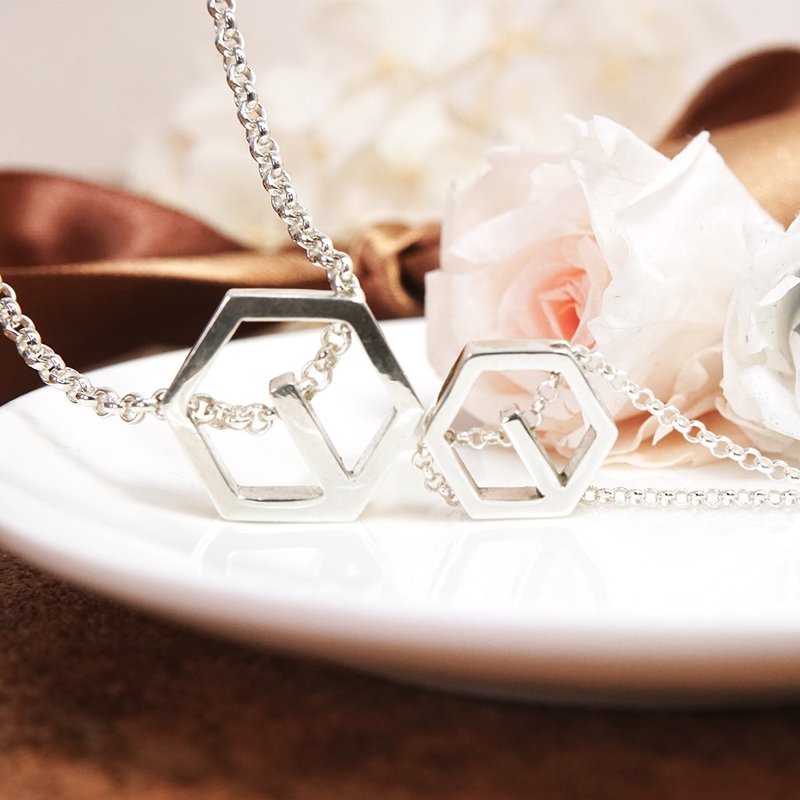 Sterling Silver ART64 Classic Hexagon Couple's Necklace Set | Valentine's Day Gift - สร้อยคอ - เงินแท้ สีเงิน