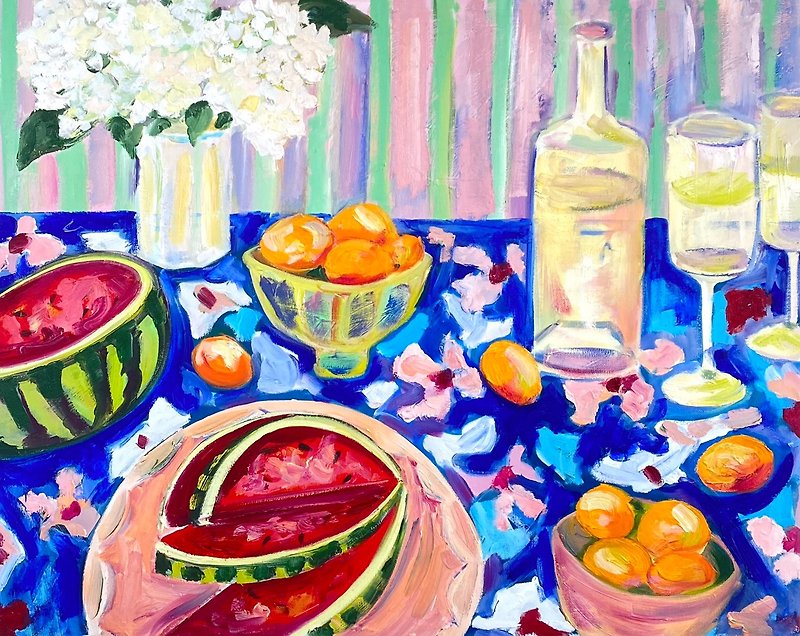 Still life with watermelon and apricot, oil painting,Fauvism art, Food and drink - Wall Décor - Other Materials Blue