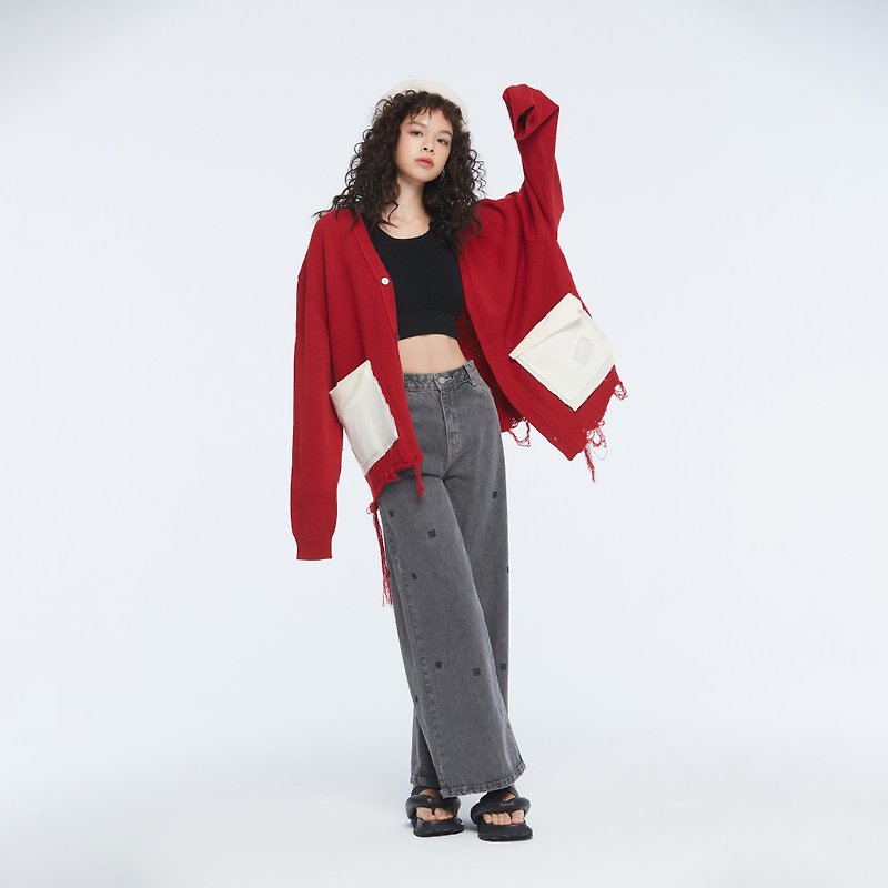 10 MOOn 美麗諾羊毛紅色破損感外套 - 毛衣/針織衫 - 羊毛 紅色