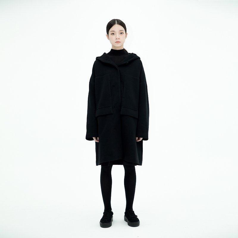 TRAN - long version of cotton hooded jacket - เสื้อแจ็คเก็ต - ผ้าฝ้าย/ผ้าลินิน สีดำ