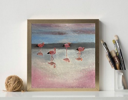 Alisa-Art Flamingo wall art living room painting 6x6 inches Original oil painting