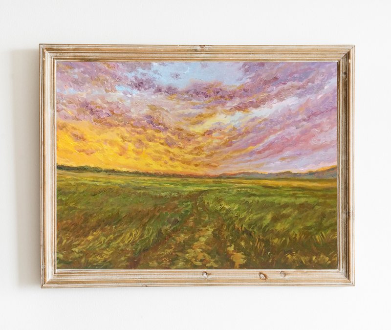 Sunset Oil Painting,Clouds Landscape Original Art,Handpainted Painting,Wall Art - Wall Décor - Other Materials Orange