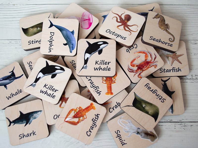 Sea animals game, learning cards, educational toy - ของเล่นเด็ก - ไม้ หลากหลายสี