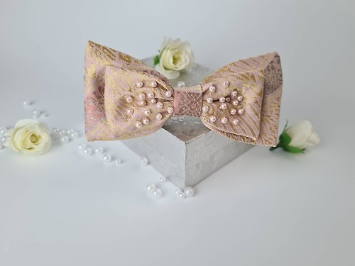 BonnieU Soft pink Thai silk with gold thread & pearl double bow hair clip (Double bow)