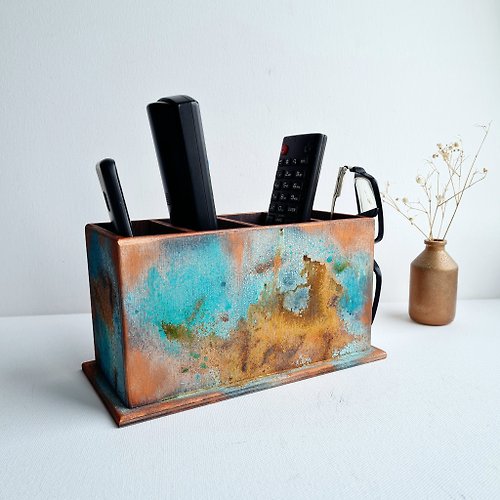 Artdilia Wood remote control holder Art oxidized aged rustic old copper color remote box