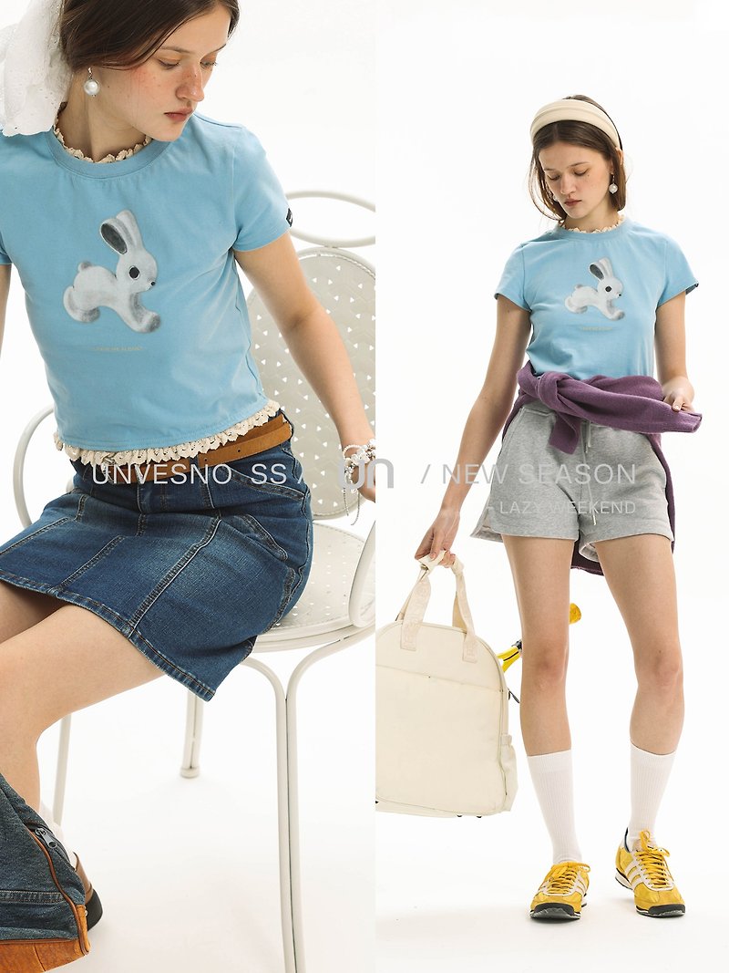 Unvesno (UN) 250G rabbit lace slim fit women's sweet print T-shirt short sleeves - เสื้อยืดผู้หญิง - ผ้าฝ้าย/ผ้าลินิน 