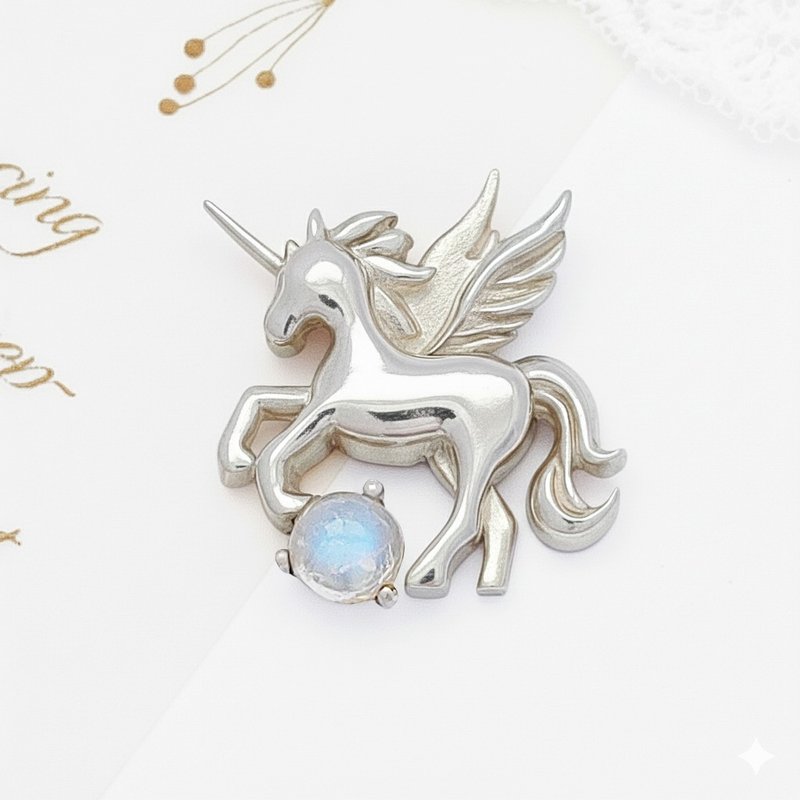 オリジナルデザイン ハンドメイド 925純銀ネックレス ペガサスユニコーンネックレス ムーンストーン - ネックレス - スターリングシルバー 