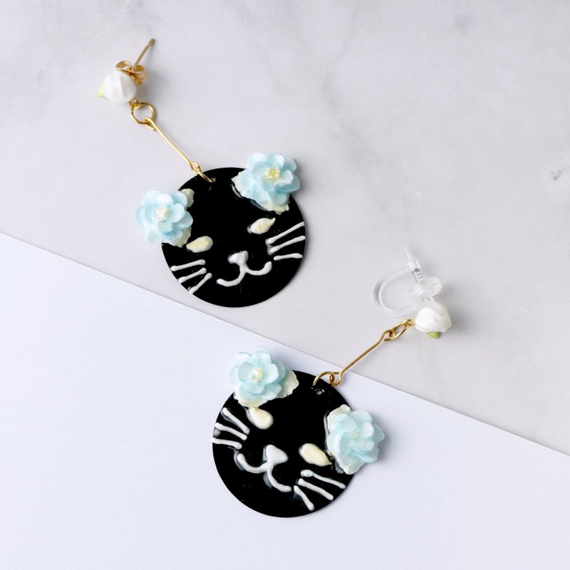 Kitty Cat Foral Drop Earring/ Ear Clip Black ver. =Flower Piping= - ต่างหู - ดินเหนียว สีดำ