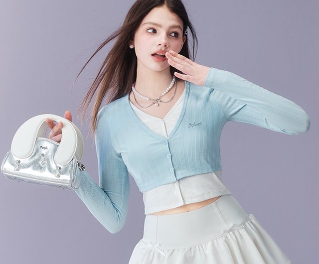 ガーリースタイルスポーツスカートブルーニットフェイクレイヤード