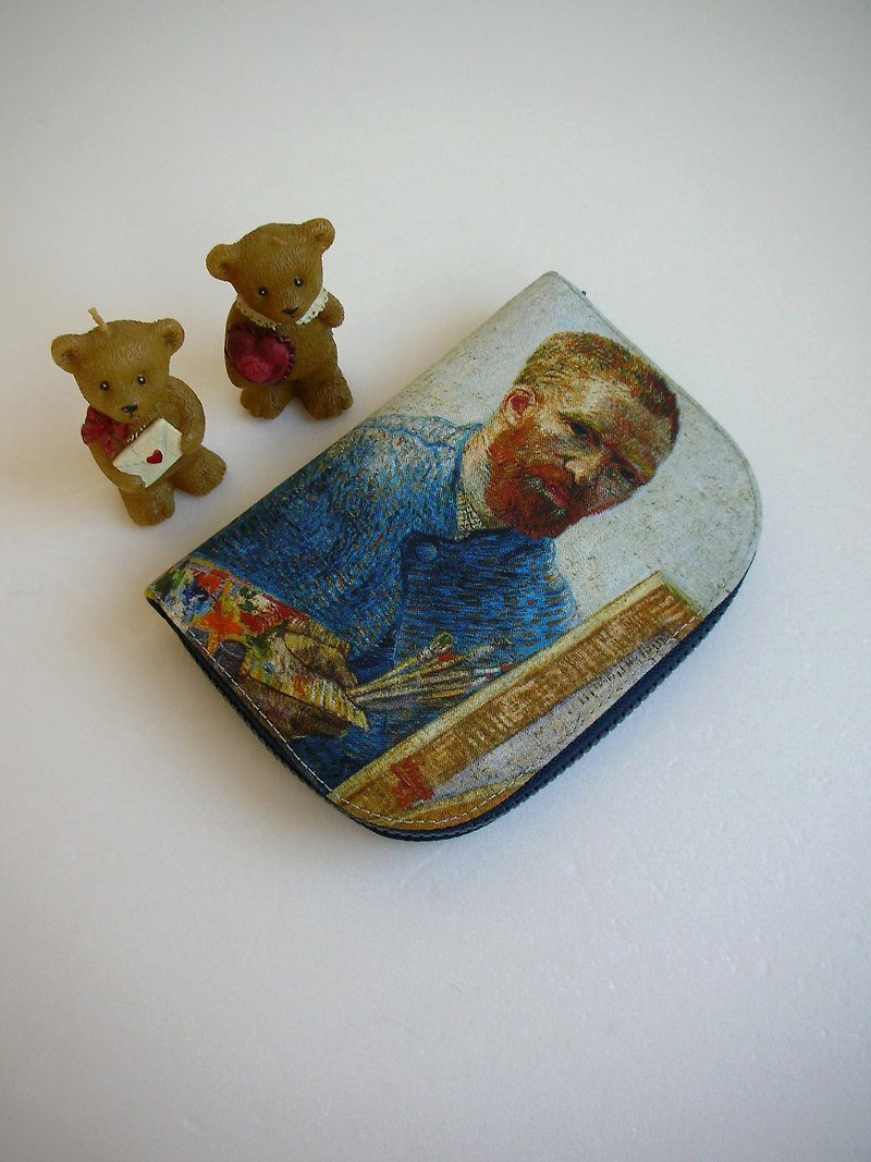 Van Gogh Self-Portrait (D) - Short Clip/Wallet/Coin Purse/Gift - กระเป๋าสตางค์ - ผ้าฝ้าย/ผ้าลินิน สีน้ำเงิน
