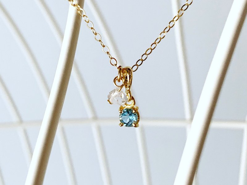 [April and November Birthstones] Swiss Blue Topaz and Herkimer Diamond Necklace (K14GF) - สร้อยคอ - เครื่องประดับพลอย สีน้ำเงิน