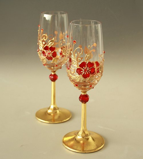 NeA Glass Shot Aperitif Crystal glasses Gold Red Flowers Hand-painted
