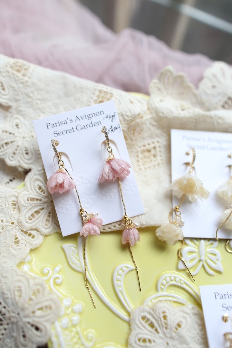 Preserved flower big star celery double flower hanging adjustable real flower UV jewelry earrings 14kgf - Earrings & Clip-ons - Plants & Flowers Pink