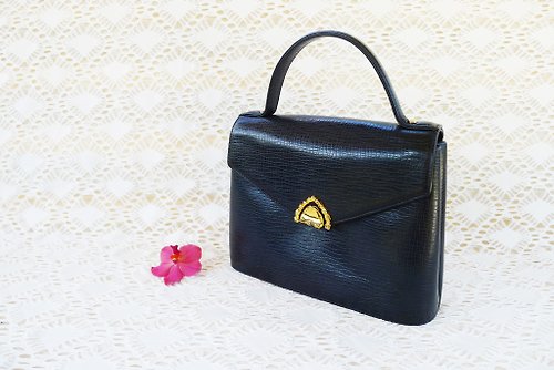 puremorningvintage UNGARO Dark navy / Black Genuine Leather handbag, Gold hardware Rigid box bag