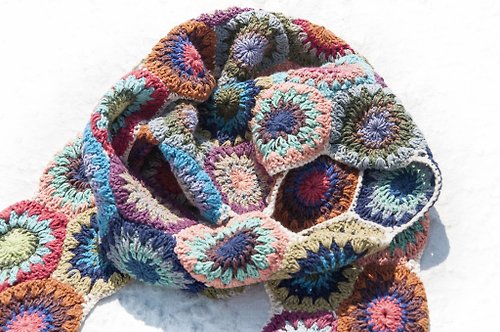 omhandmade 手工鉤織絲巾/鉤織圍巾/手工花朵編織圍巾/純棉編織-白色森林花朵