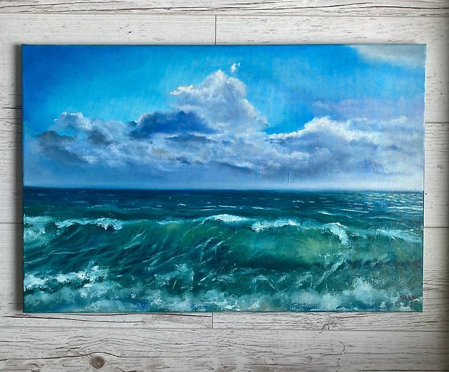青い海の絵、帆布に油彩、海洋油画、油畫 - ショップ Yackunaite_Art ...