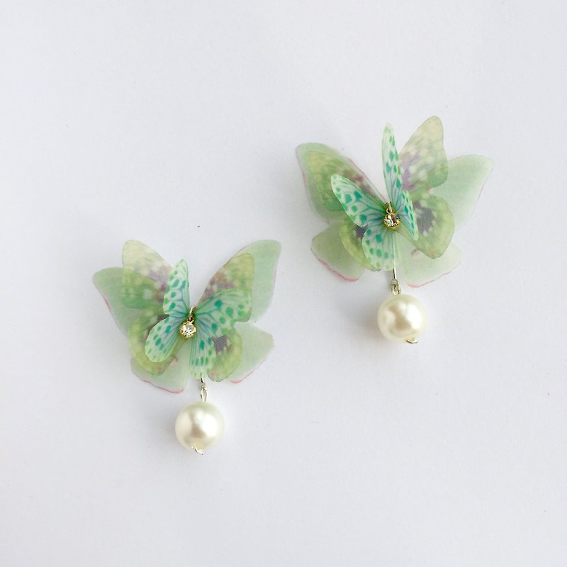 3D green flower pearl organza silk butterfly eareings girlfriend vanlentine gift - Earrings & Clip-ons - Plants & Flowers Green