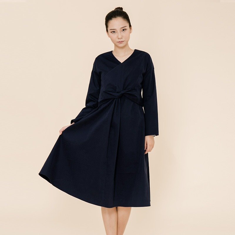 BUFU V-neck long sleeves cotton dress  D170605 - ワンピース - コットン・麻 ブルー