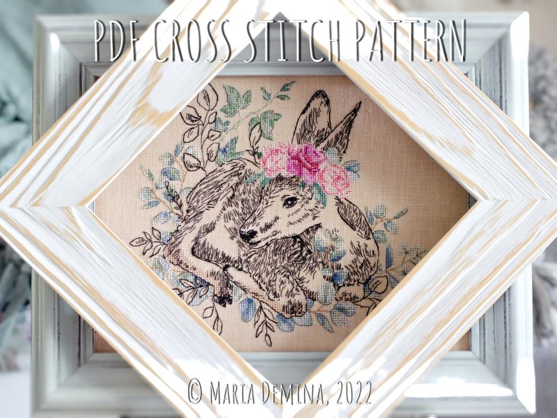 Fawn, Eucalyptus and Roses PDF cross stitch pattern - 手工藝教學/工具書 - 其他材質 