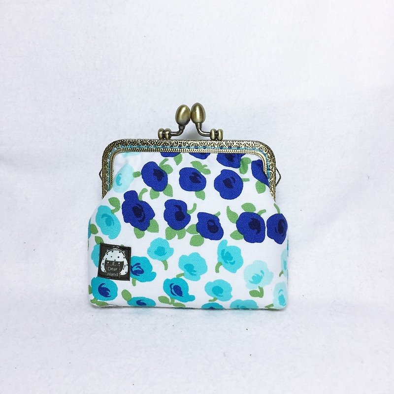 Mouth gold bag + small flower blue + - กระเป๋าใส่เหรียญ - ผ้าฝ้าย/ผ้าลินิน สีน้ำเงิน