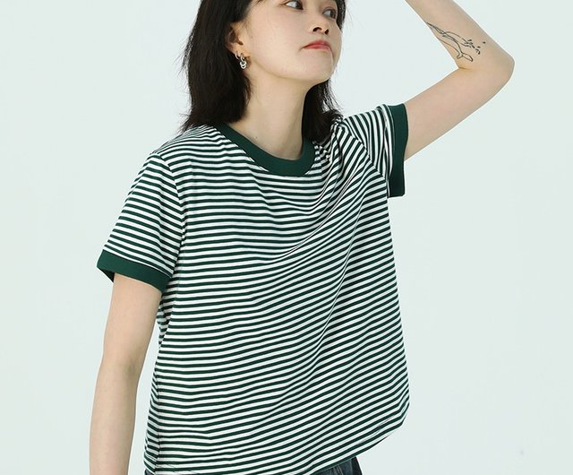 Dark Green 2 Color Contrast Stripe Round Neck Cotton Short T-Shirt