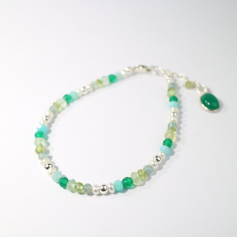 Dazzling~ Stone+ green onyx + Stone+ Stone+ natural pearl sterling silver hand free [St. - สร้อยข้อมือ - เครื่องเพชรพลอย หลากหลายสี