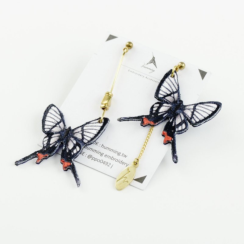 humming-  Chorinea Sylphina /Butterfly/Embroidery earrings - Earrings & Clip-ons - Thread White