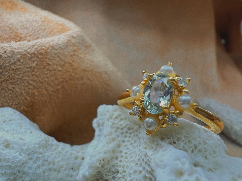 [Ariel] - blue-green tourmaline pearl ring/gold adjustment ring - General Rings - Gemstone Multicolor